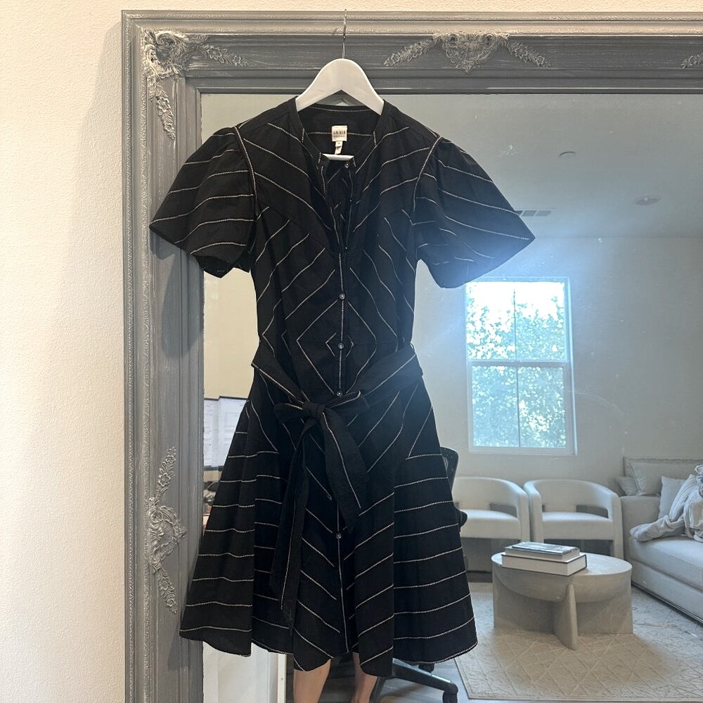 La Vie Rebecca Taylor Chevron Pinstripe Belted Shirt‎ Dress Short Sleeve XS